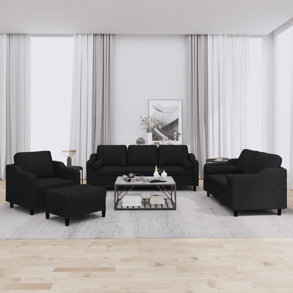 Ensemble de canapés 4 pcs avec coussins noir tissu
