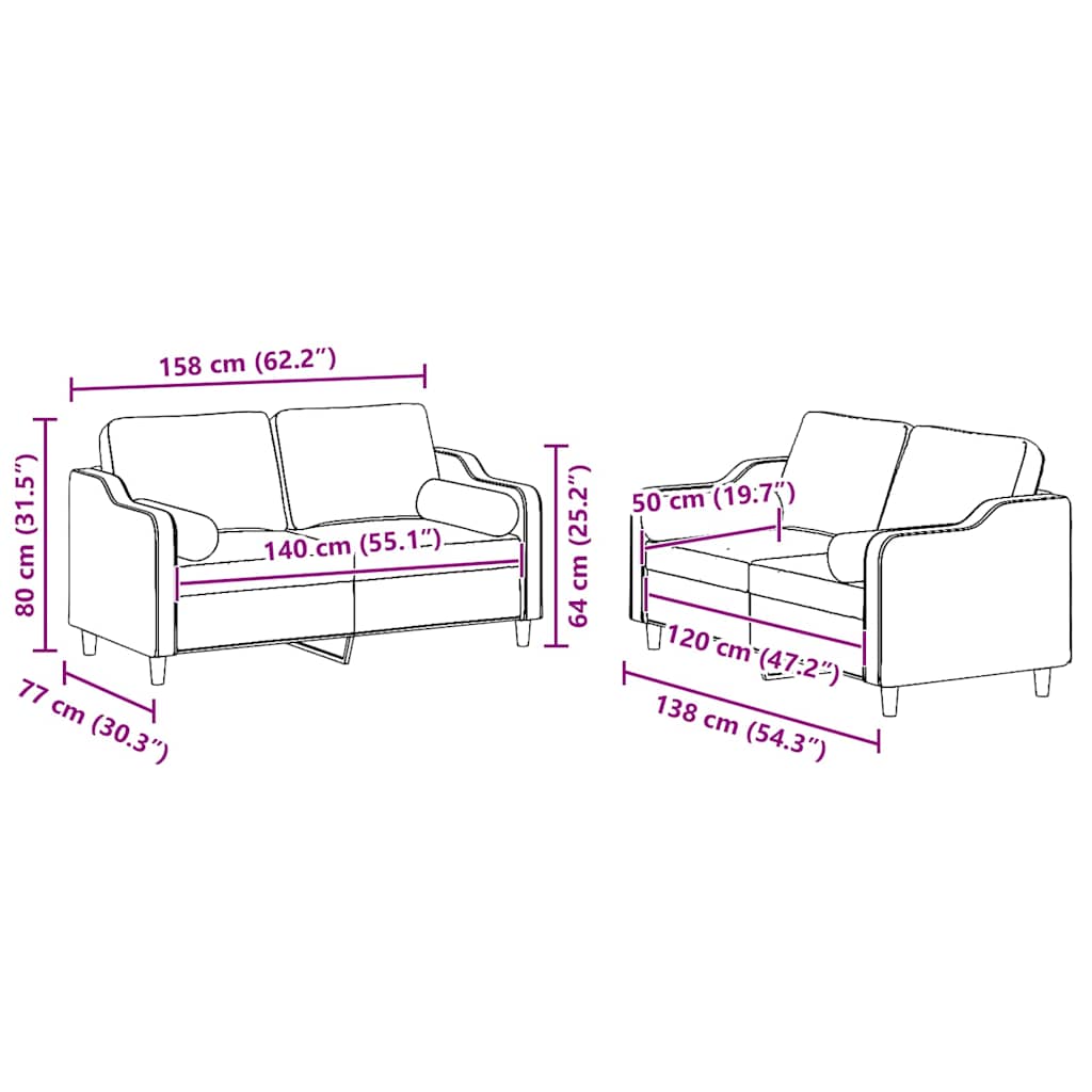 Ensemble de canapés 2 pcs avec coussins jaune clair tissu