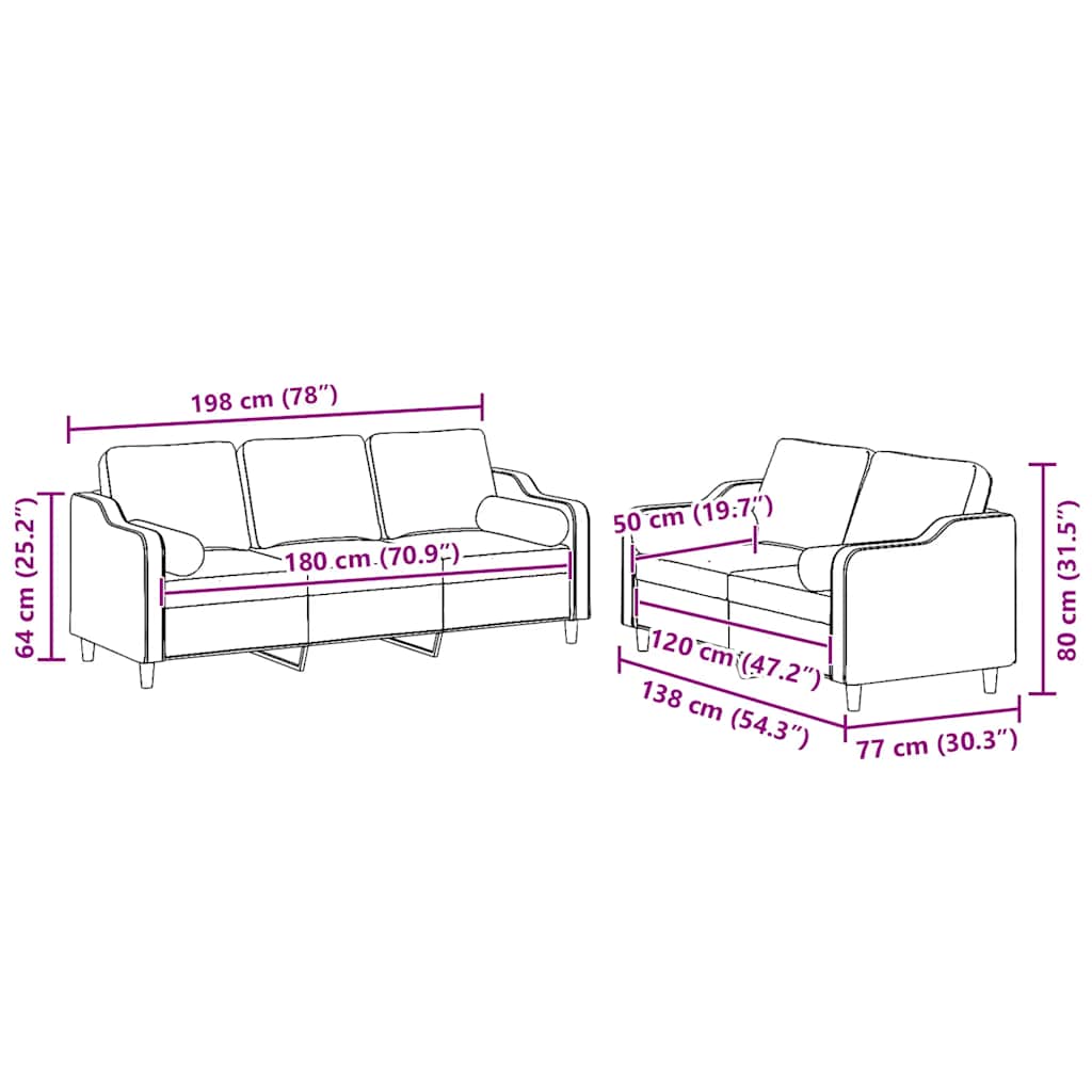 Ensemble de canapés 2 pcs avec coussins rouge bordeaux tissu - XIOS