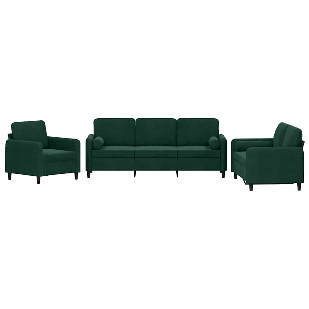 Ensemble de canapés 3 pcs avec coussins vert foncé velours