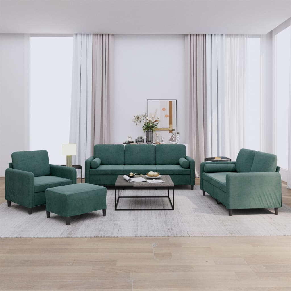Ensemble de canapés 4 pcs avec coussins vert foncé velours