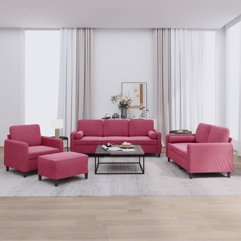 Ensemble de canapés 4 pcs avec coussins rouge bordeaux velours