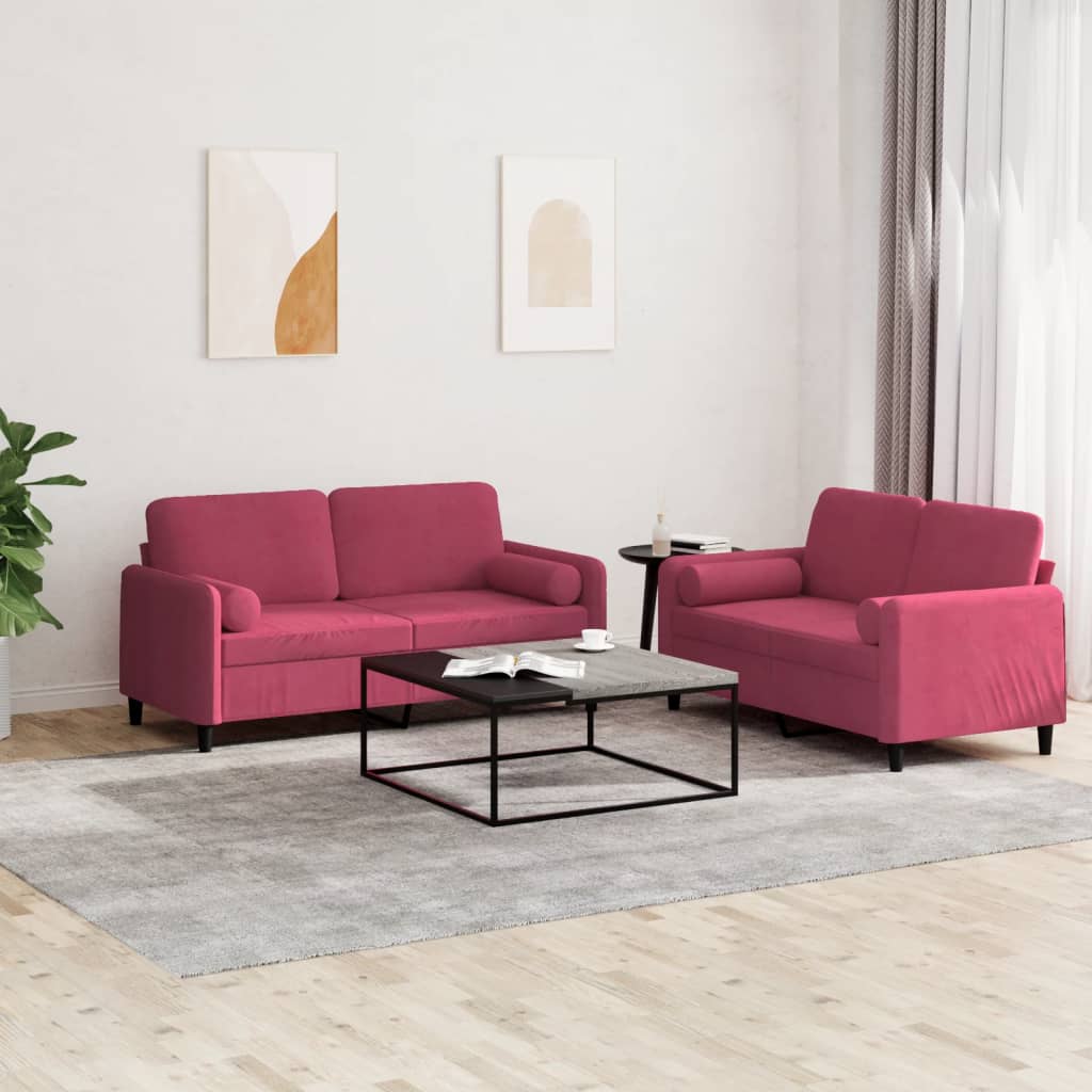 Ensemble de canapés 2 pcs avec coussins rouge bordeaux velours - XIOS