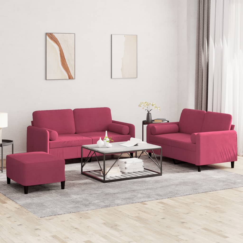 Ensemble de canapés 3 pcs avec coussins rouge bordeaux velours - XIOS