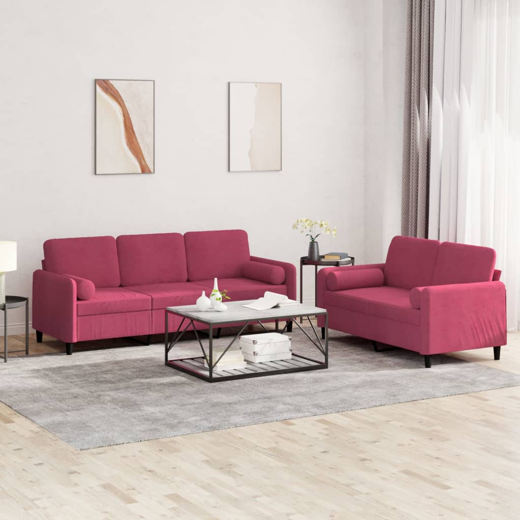 Ensemble de canapés 2 pcs avec coussins rouge bordeaux velours - XIOS