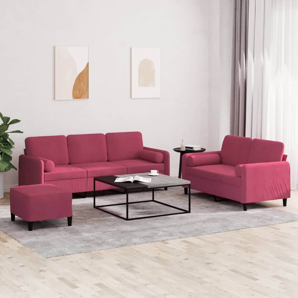Ensemble de canapés 3 pcs avec coussins rouge bordeaux velours - XIOS