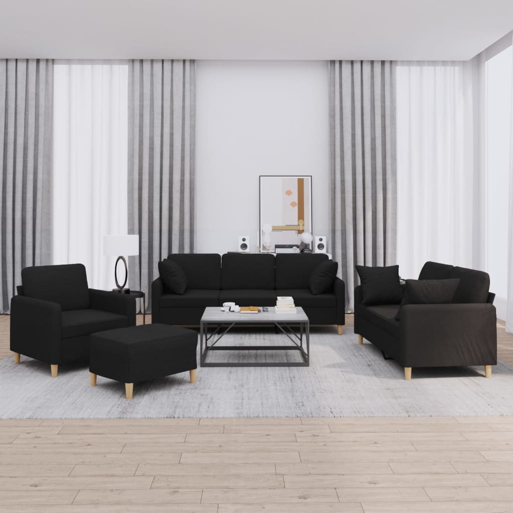 Ensemble de canapés 4 pcs avec coussins noir tissu