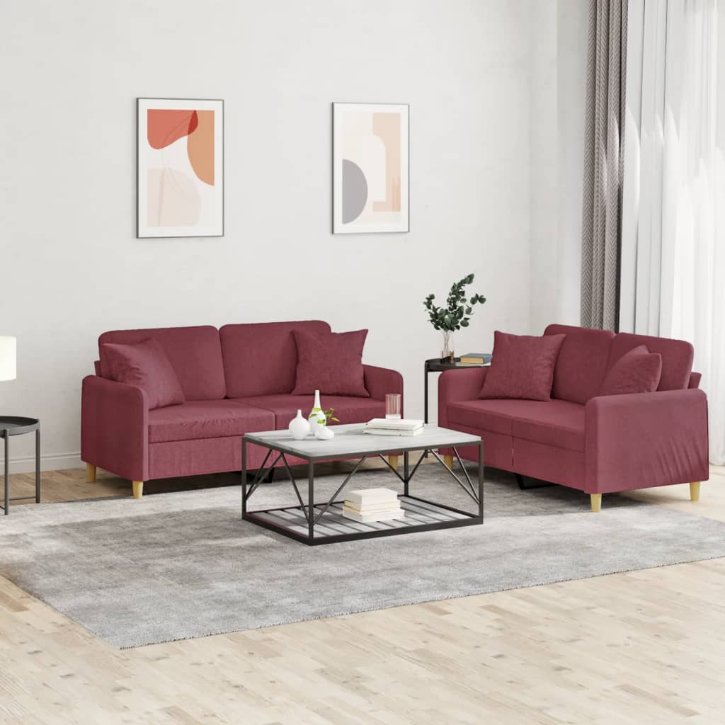Ensemble de canapés 2 pcs avec coussins rouge bordeaux tissu - XIOS