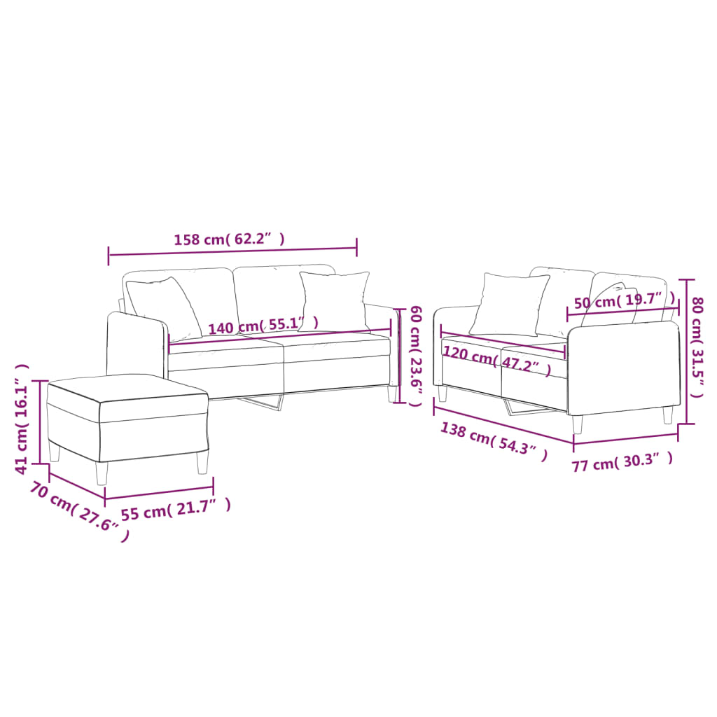 Ensemble de canapés 3 pcs avec coussins noir tissu - XIOS
