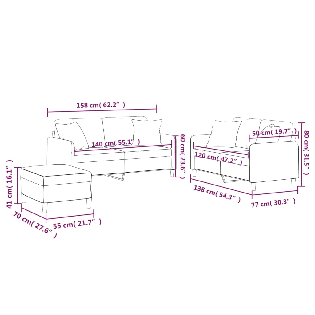 Ensemble de canapés 3 pcs avec coussins rouge bordeaux tissu