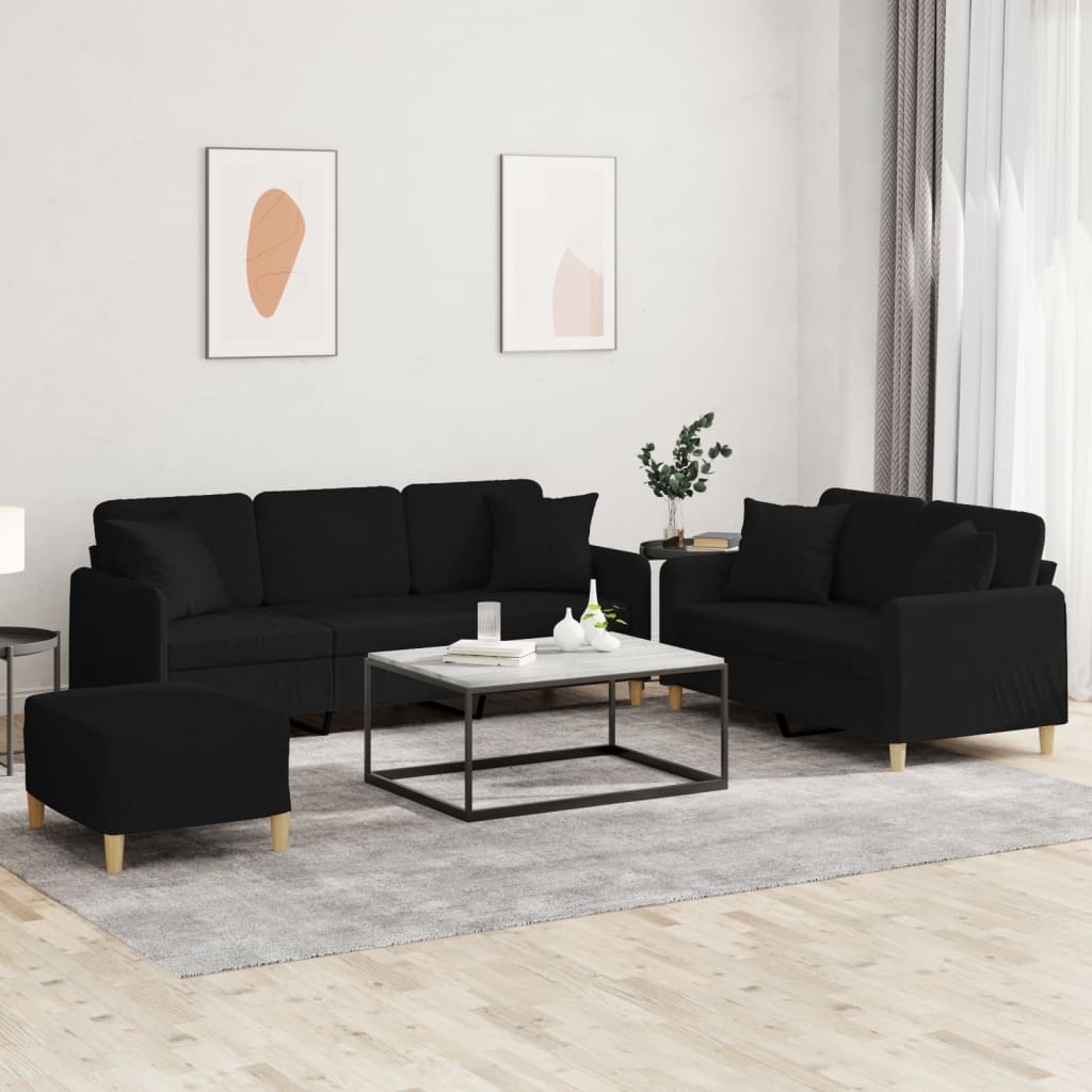 Ensemble de canapés 3 pcs avec coussins noir tissu