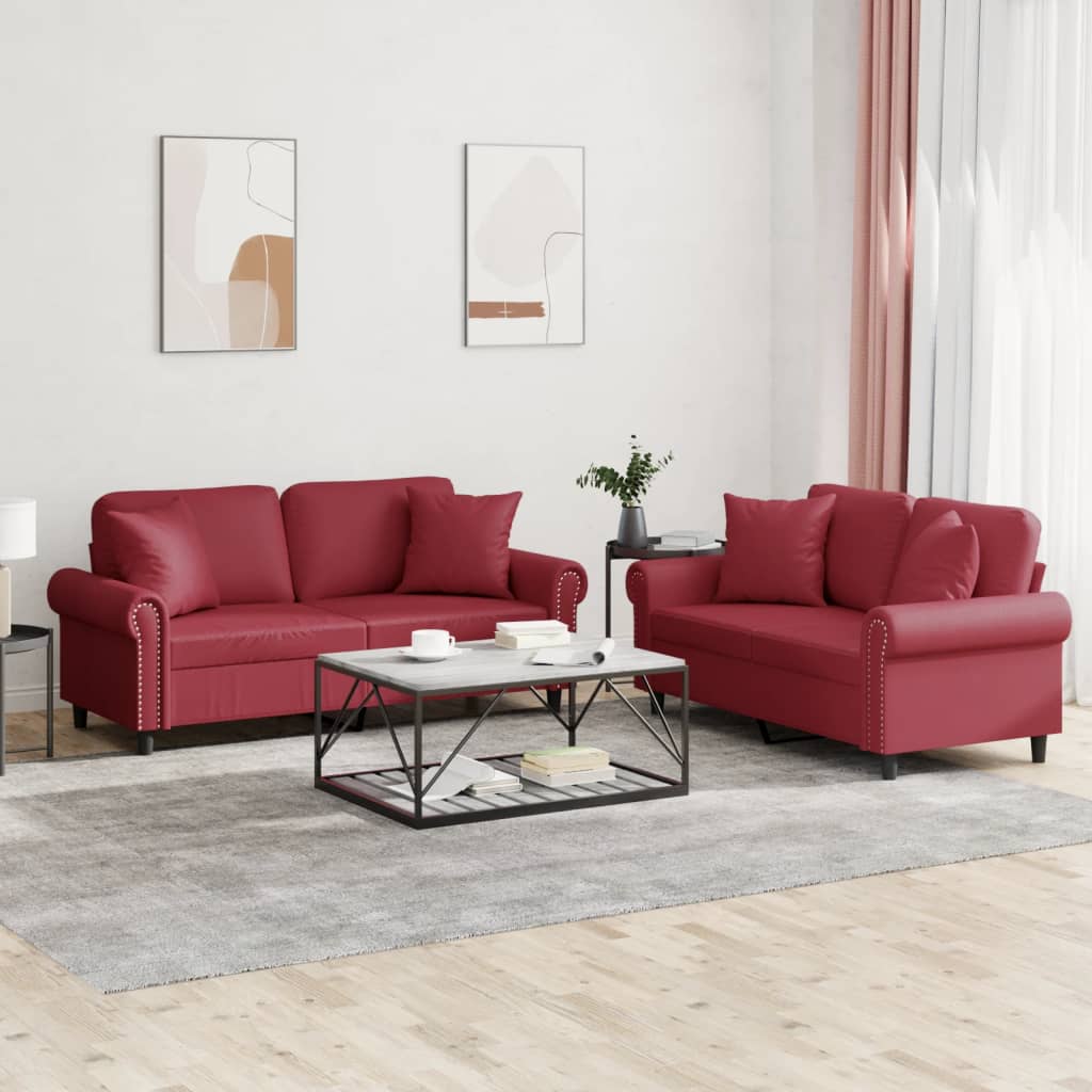 Ensemble de canapés 2 pcs et coussins rouge bordeaux similicuir - XIOS