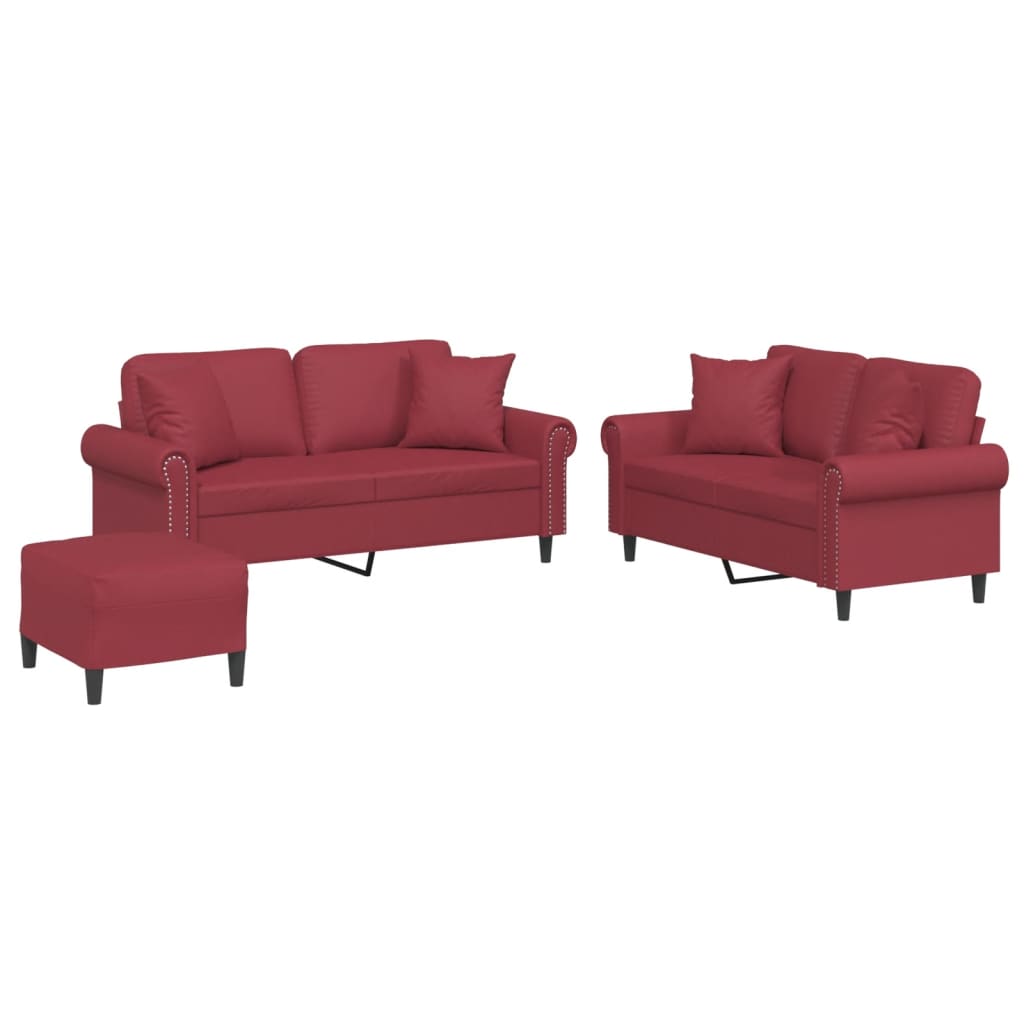 Ensemble de canapés 3 pcs et coussins rouge bordeaux similicuir