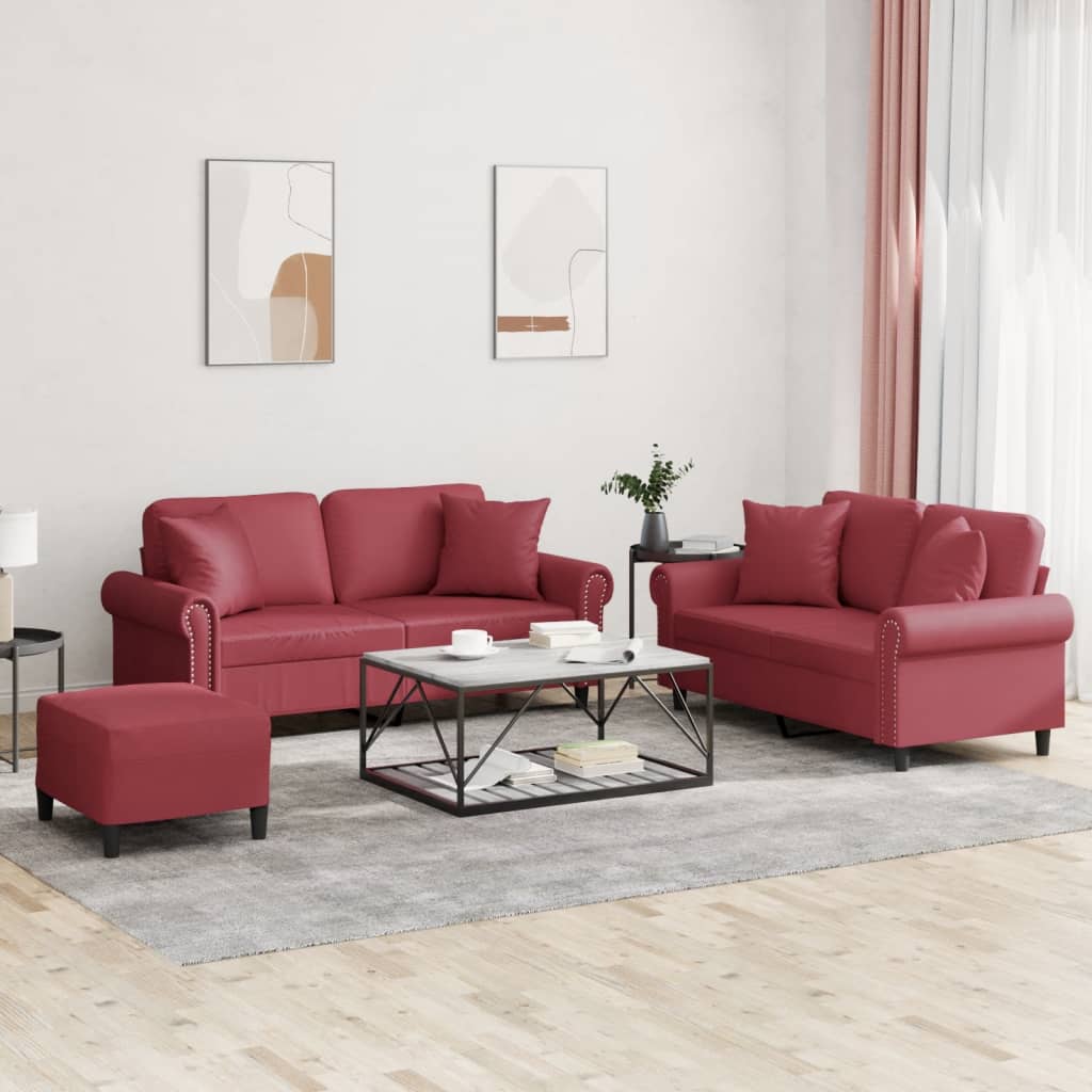 Ensemble de canapés 3 pcs et coussins rouge bordeaux similicuir - XIOS