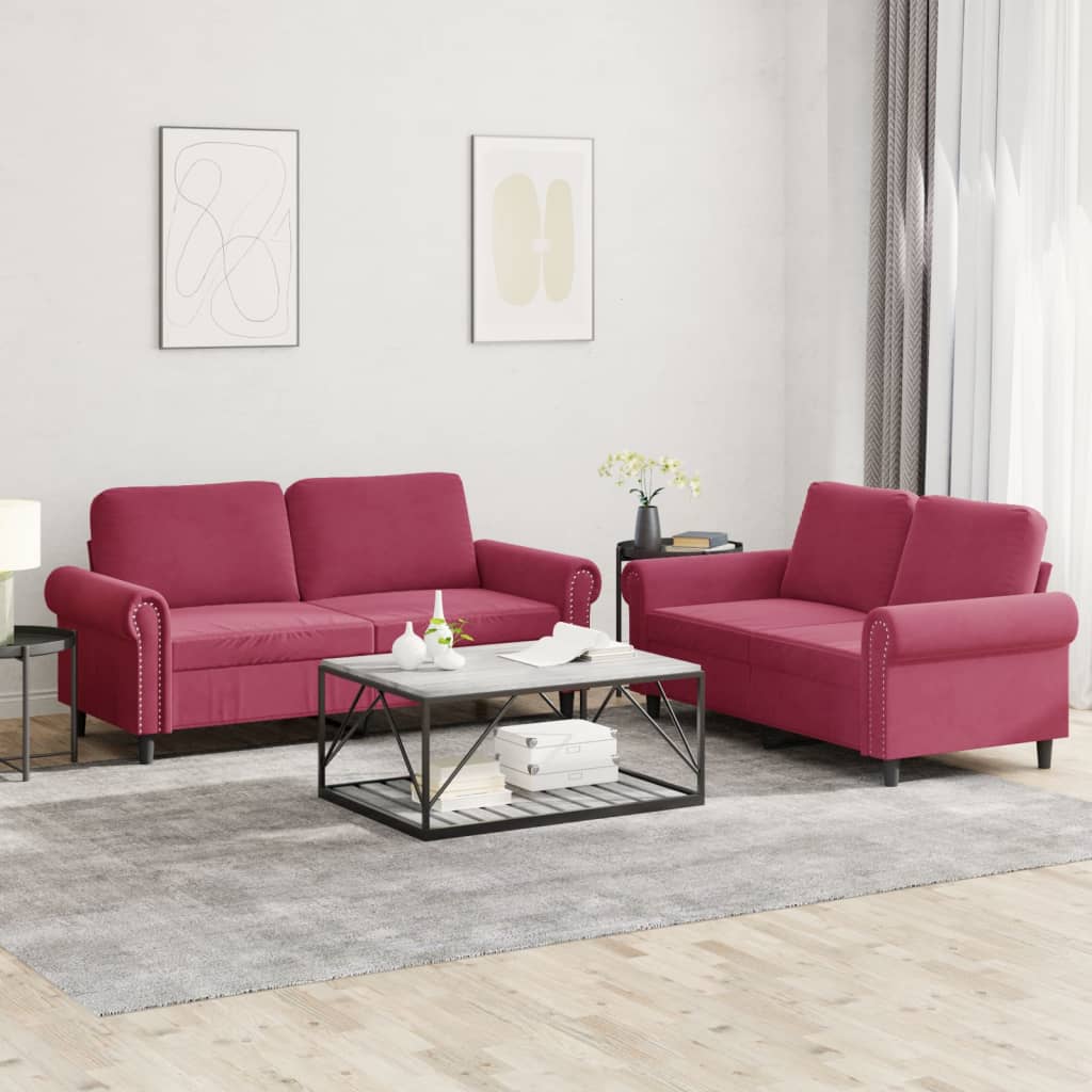 Ensemble de canapés 2 pcs avec coussins Rouge bordeaux Velours - XIOS