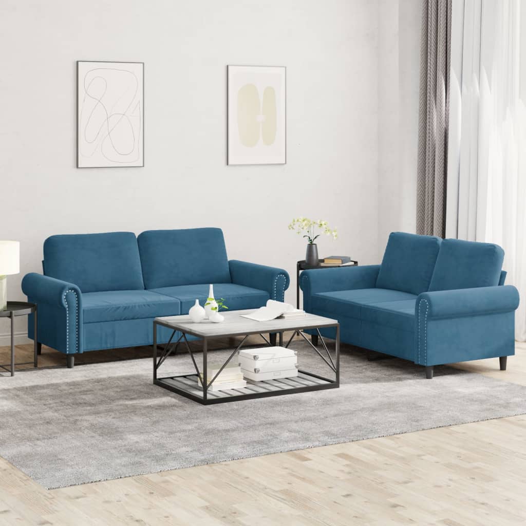 Ensemble de canapés 2 pcs avec coussins Bleu Velours - XIOS