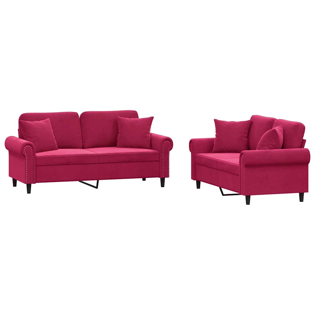 Ensemble de canapés 2 pcs avec coussins rouge bordeaux velours