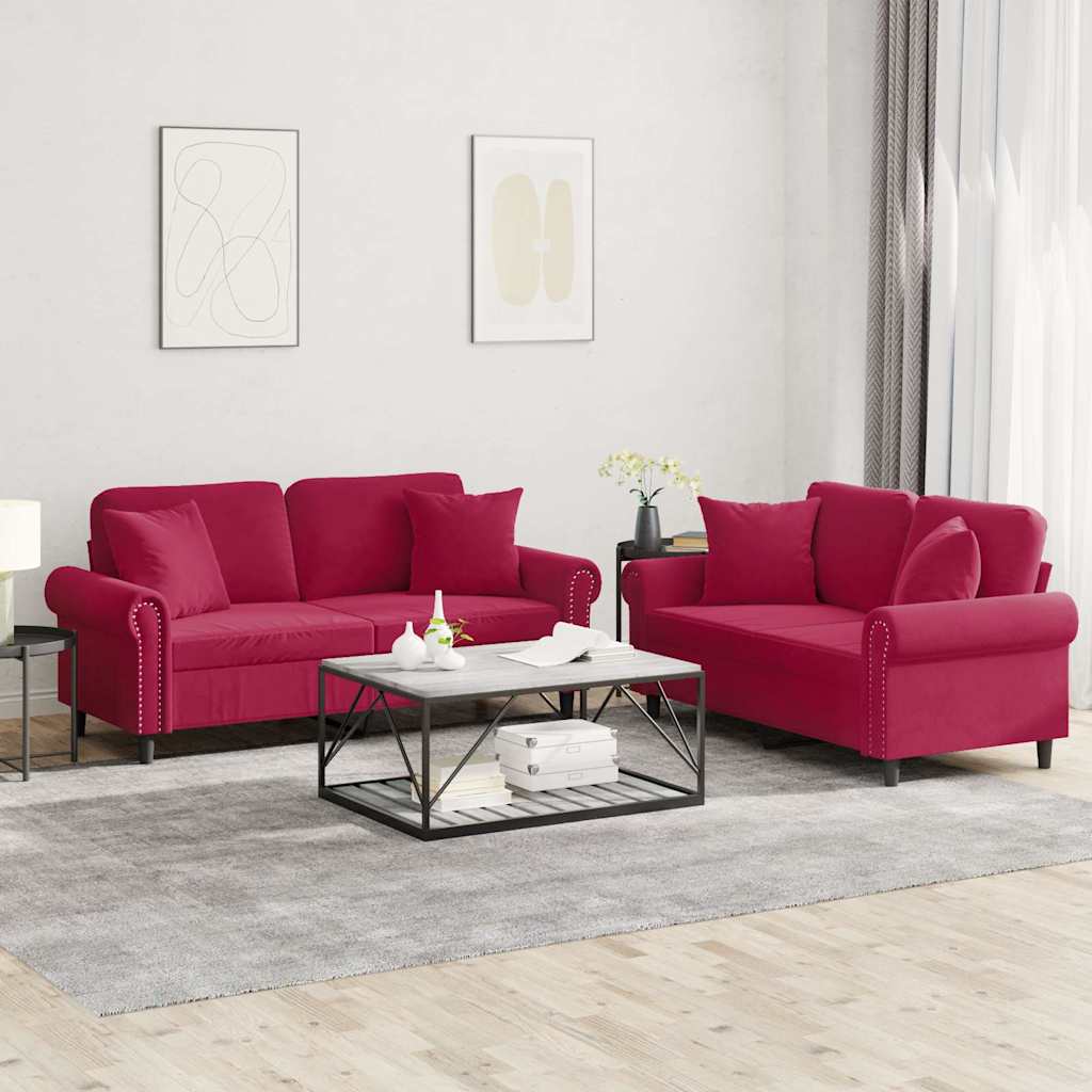 Ensemble de canapés 2 pcs avec coussins rouge bordeaux velours - XIOS