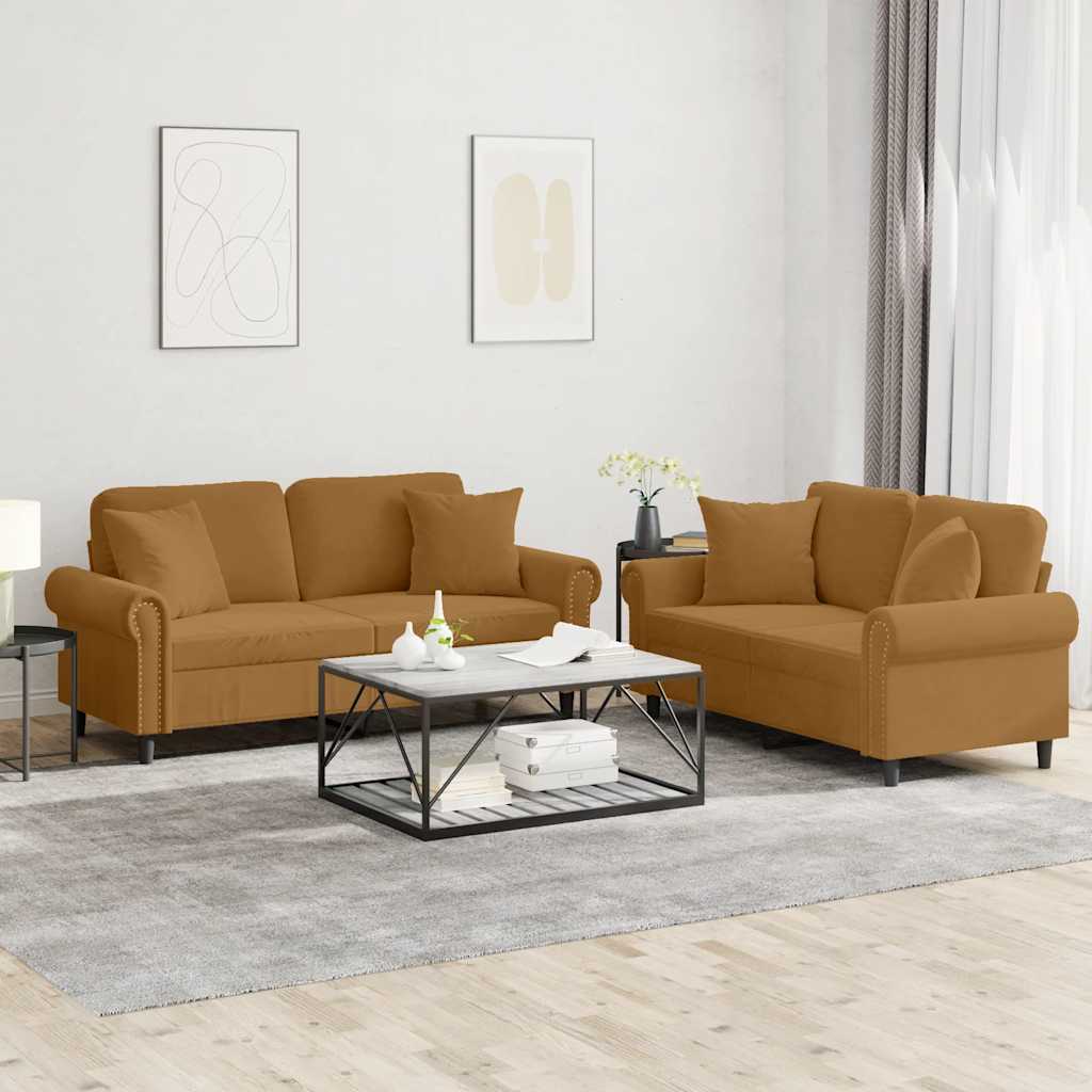 Ensemble de canapés 2 pcs avec coussins marron velours