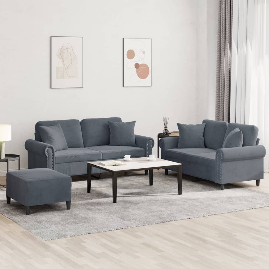 Ensemble de canapés 3 pcs avec coussins gris foncé velours - XIOS