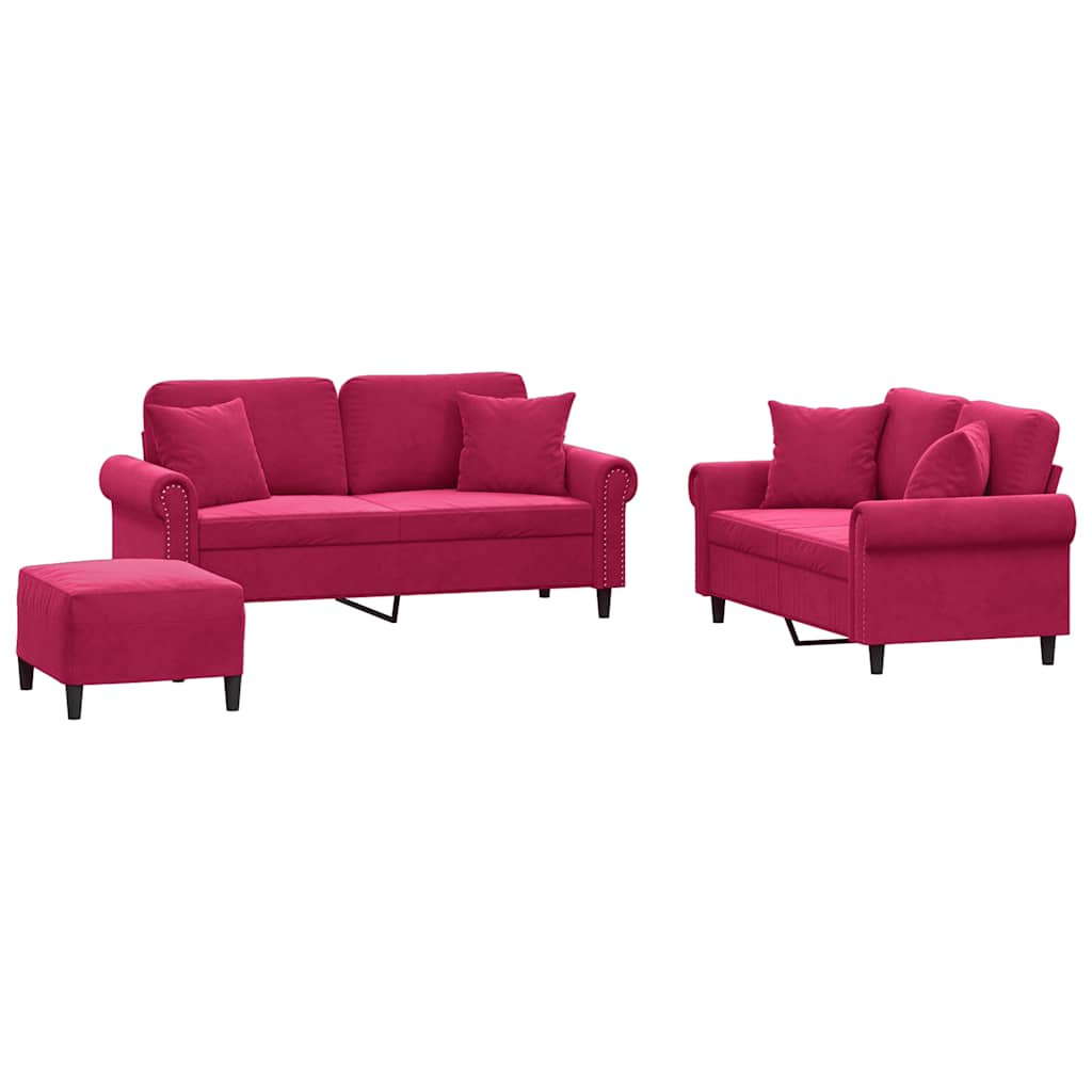 Ensemble de canapés 3 pcs avec coussins rouge bordeaux velours