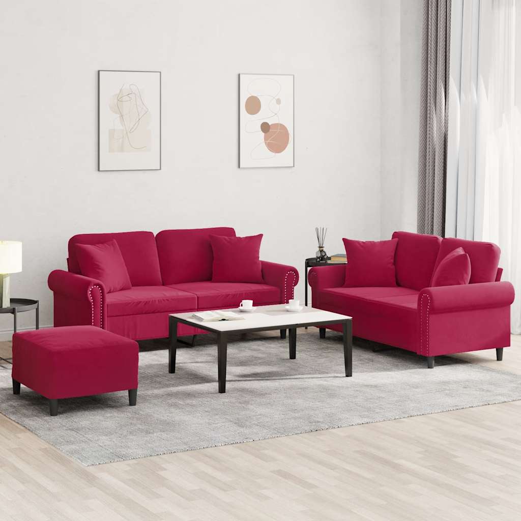 Ensemble de canapés 3 pcs avec coussins rouge bordeaux velours