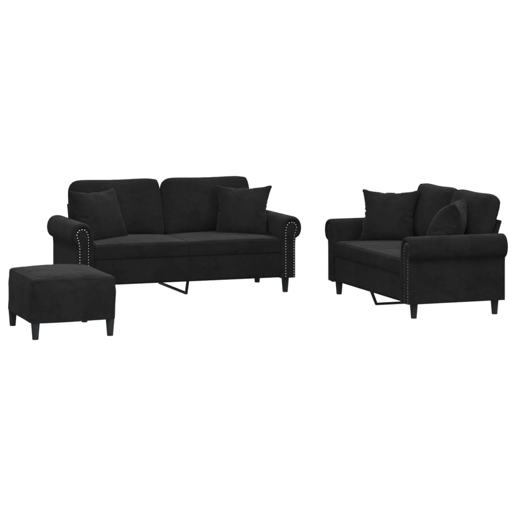 Ensemble de canapés 3 pcs avec coussins noir velours - XIOS