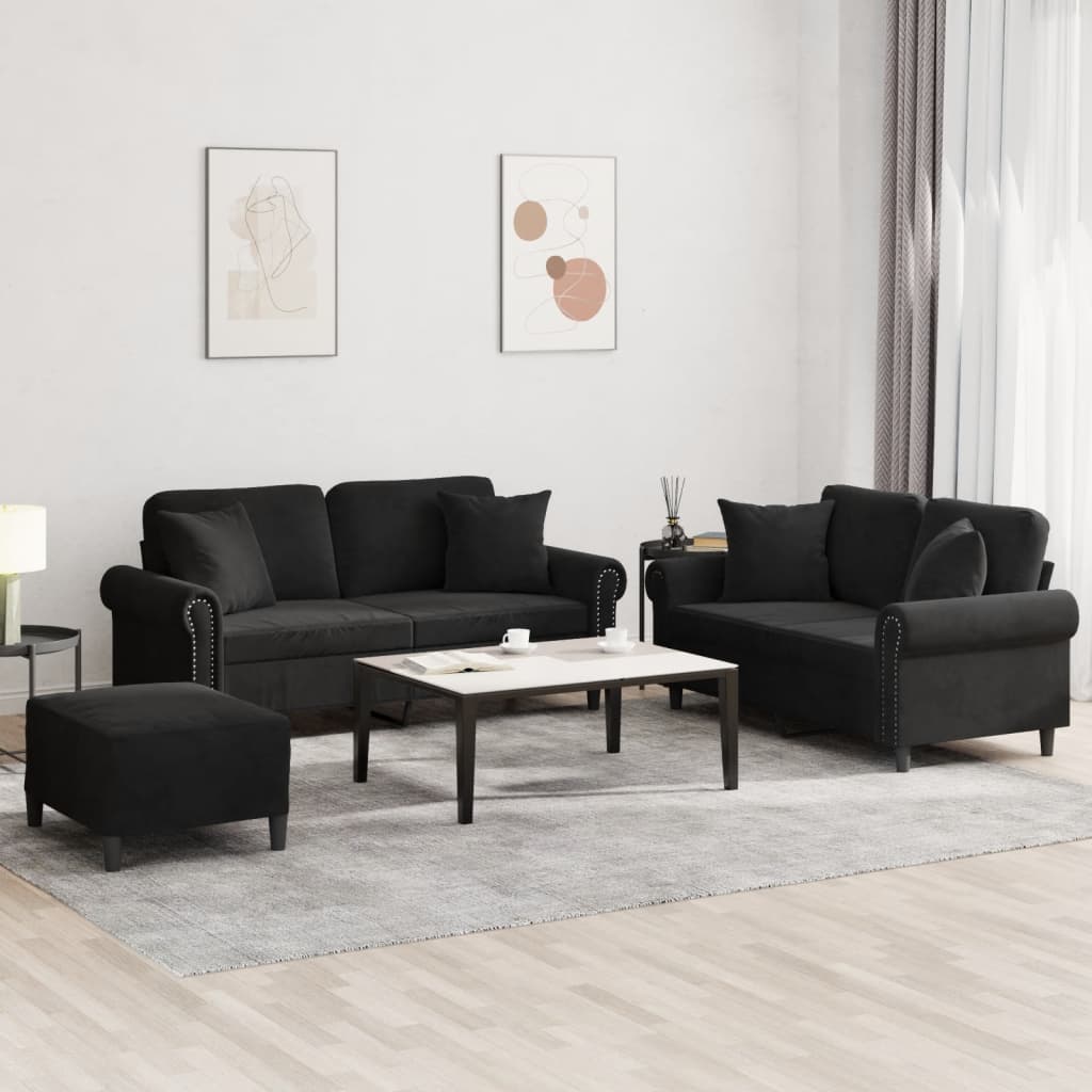 Ensemble de canapés 3 pcs avec coussins noir velours - XIOS