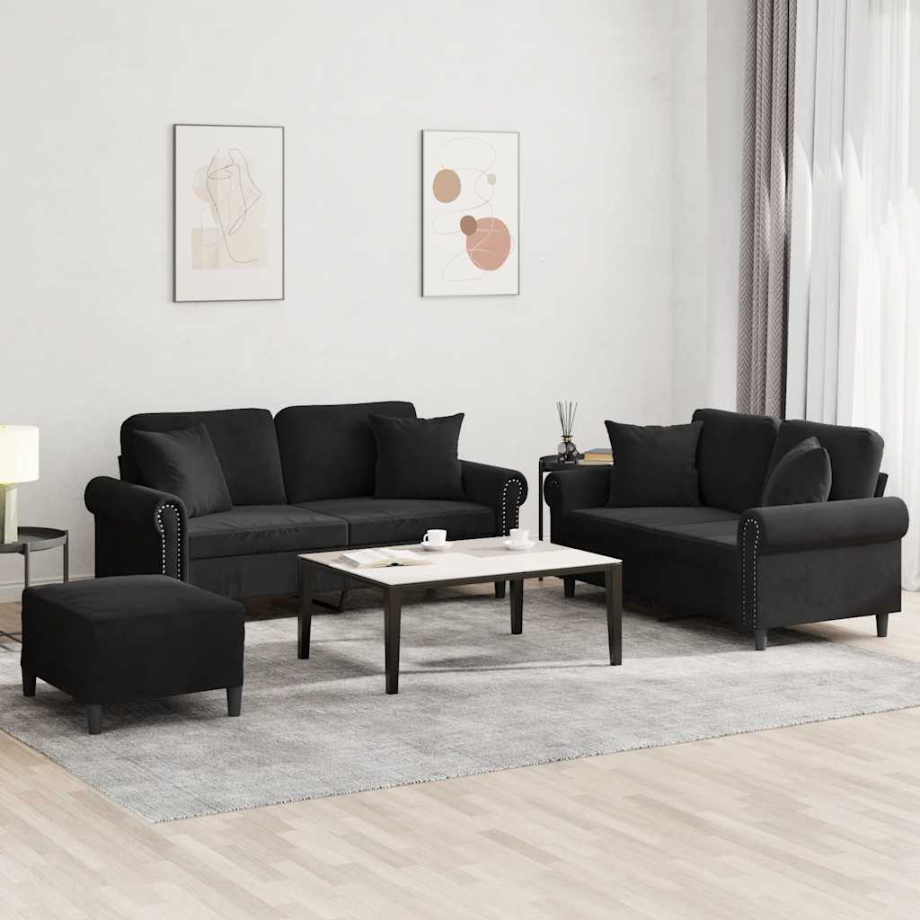 Ensemble de canapés 3 pcs avec coussins noir velours - XIOS