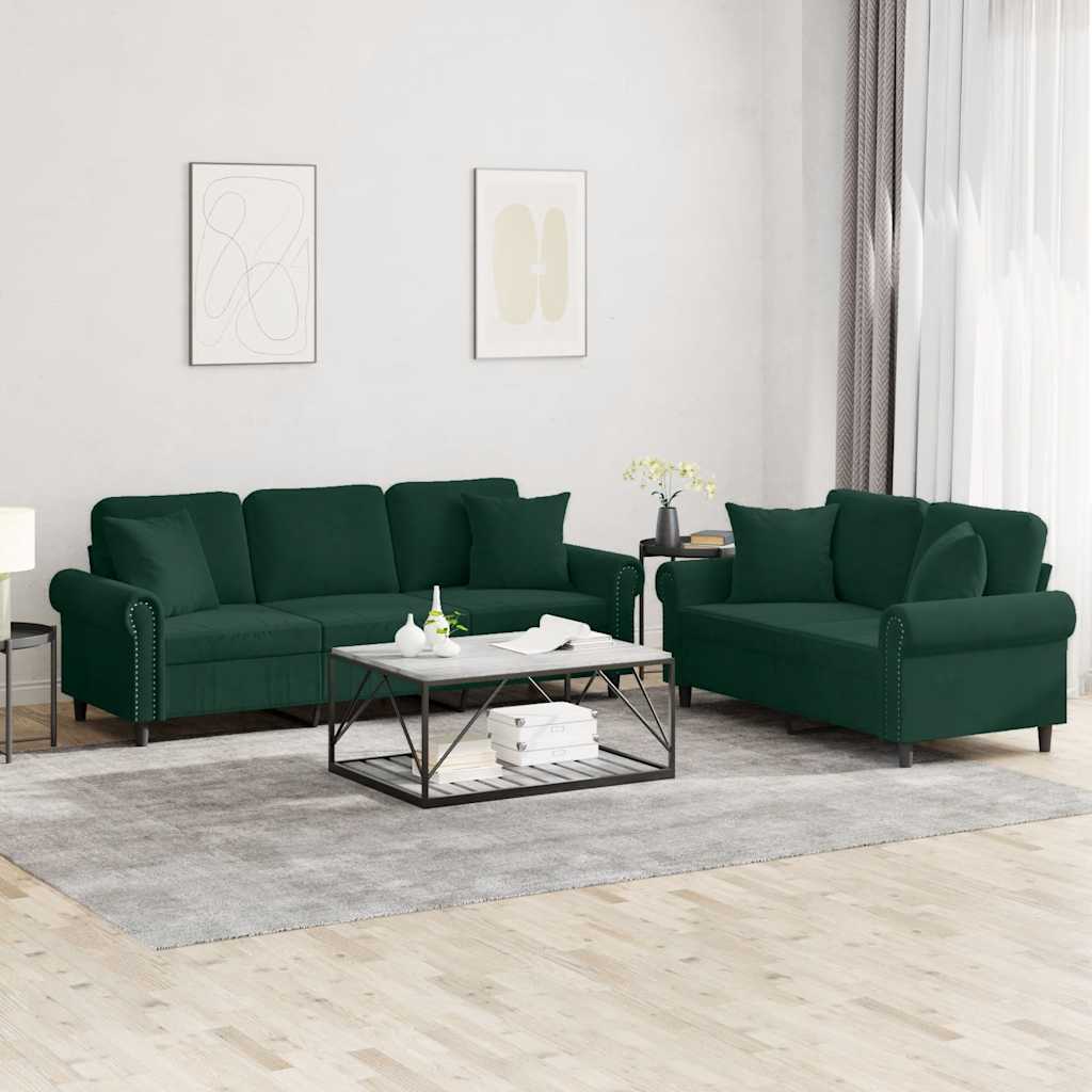 Ensemble de canapés 2 pcs avec coussins vert foncé velours