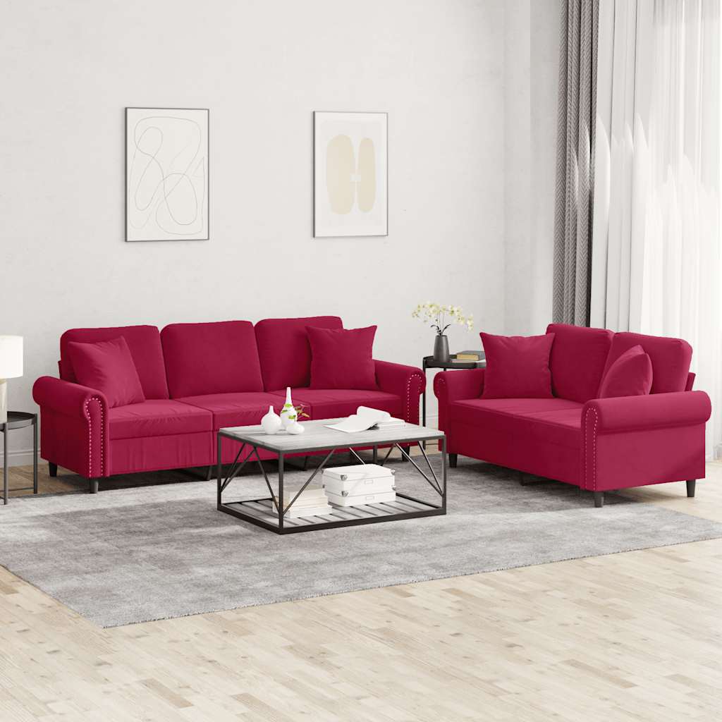 Ensemble de canapés 2 pcs avec coussins rouge bordeaux velours