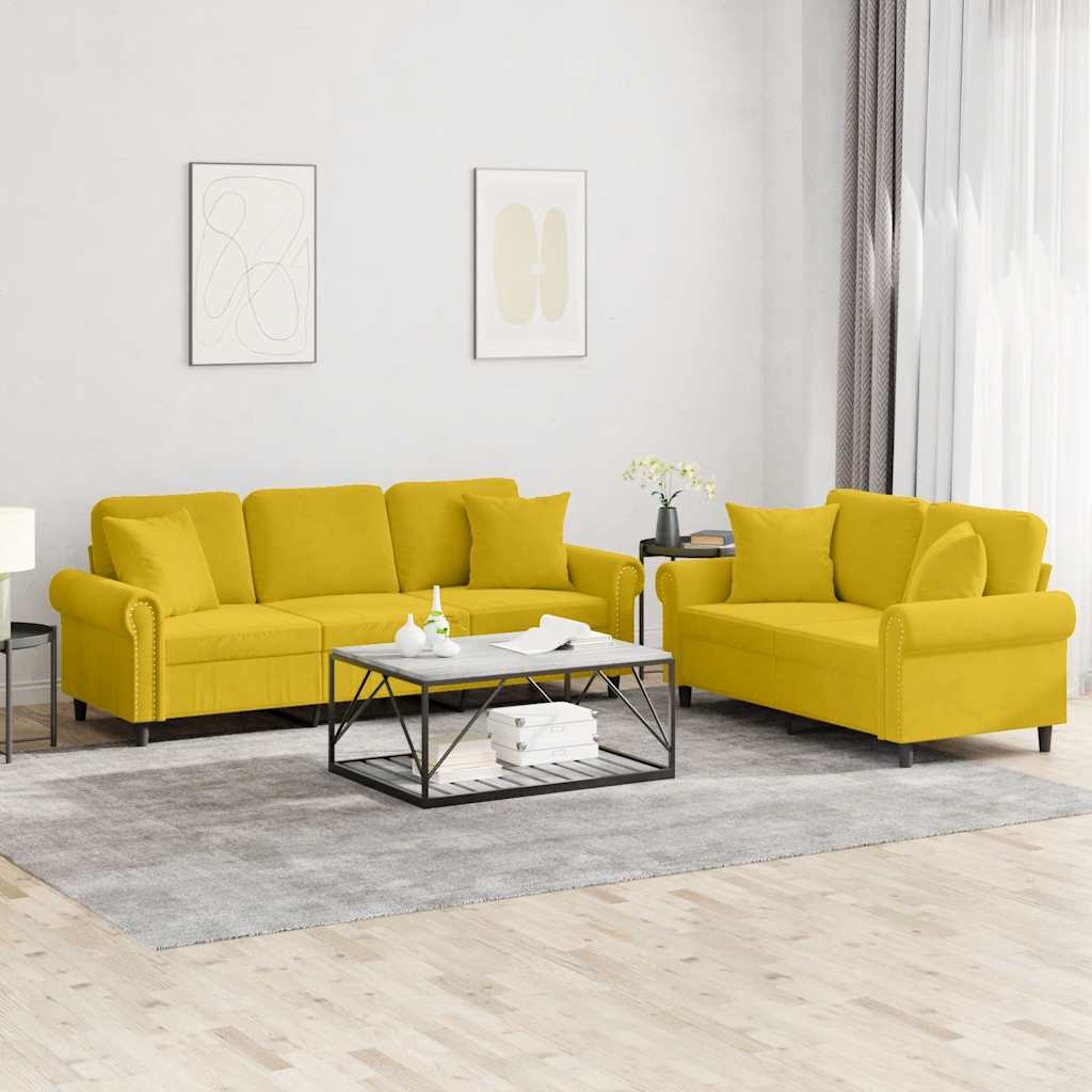 Ensemble de canapés 2 pcs avec coussins jaune velours