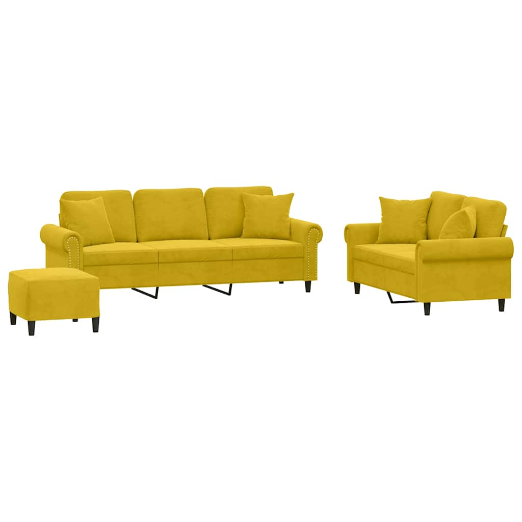 Ensemble de canapés 3 pcs avec coussins jaune velours