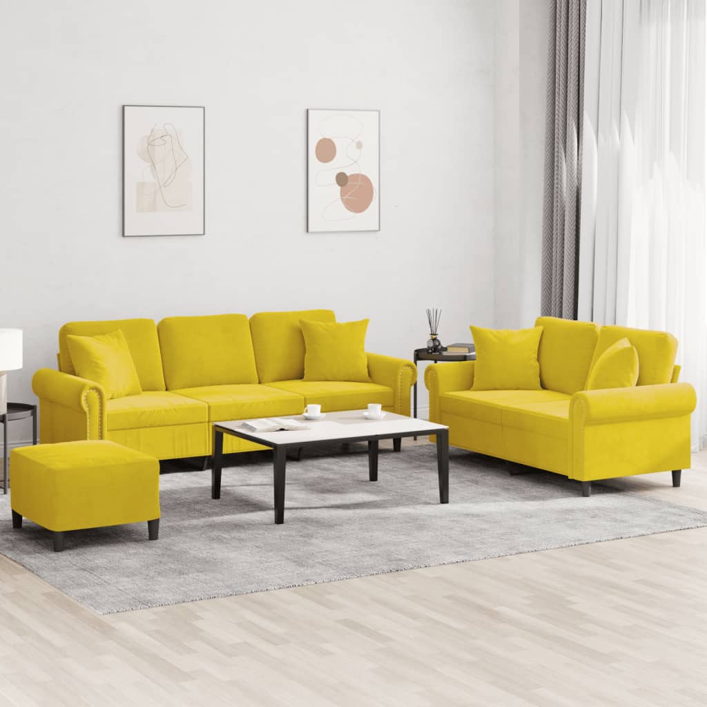 Ensemble de canapés 3 pcs avec coussins jaune velours