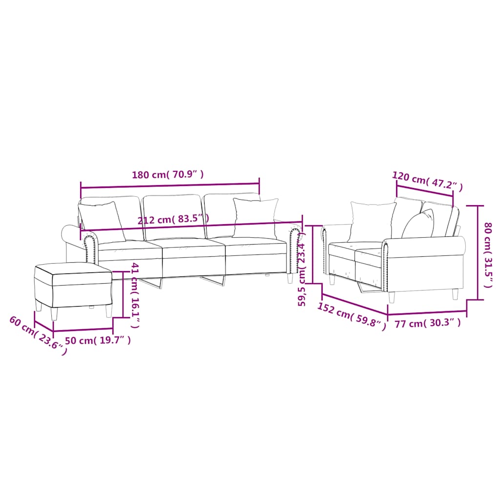 Ensemble de canapés 3 pcs avec coussins marron velours