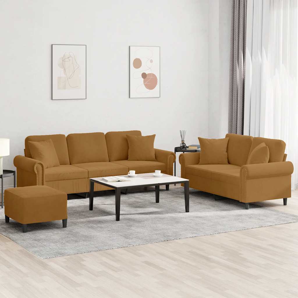 Ensemble de canapés 3 pcs avec coussins marron velours