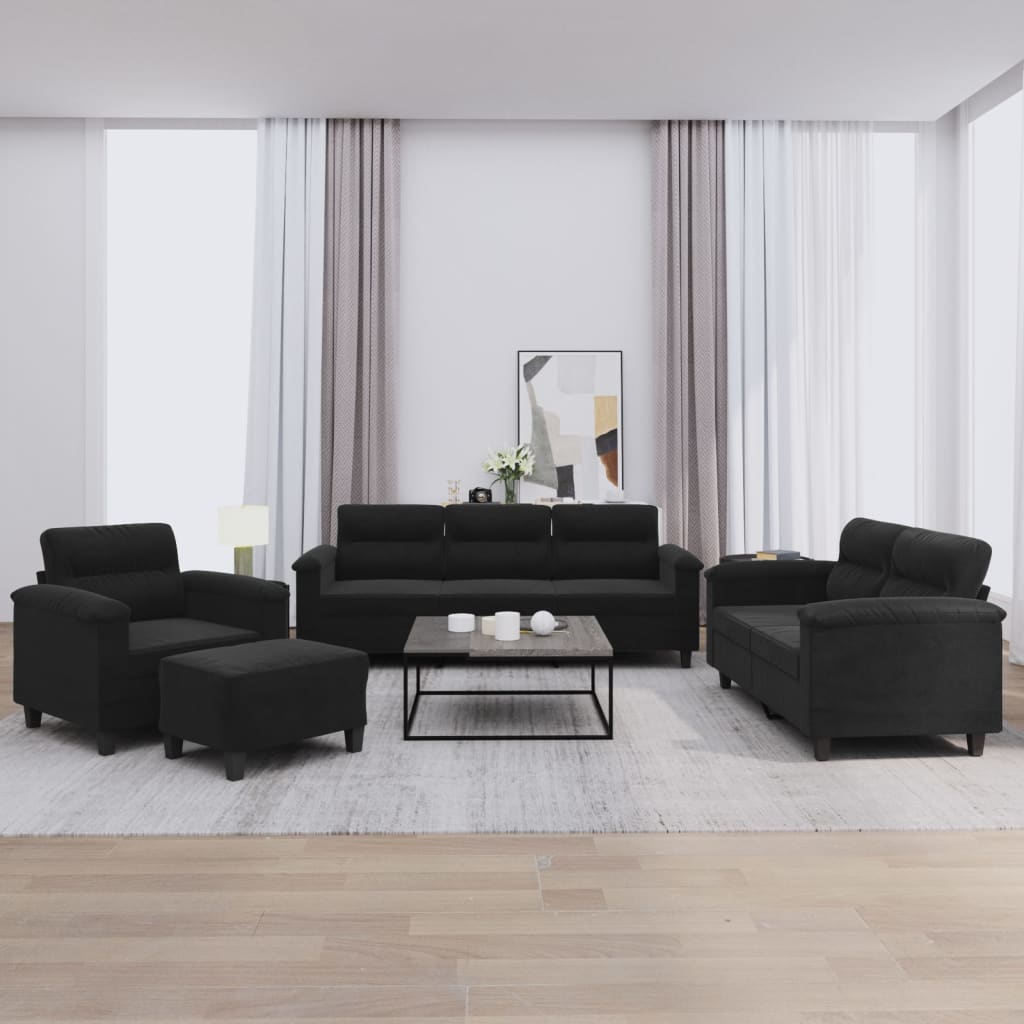 Ensemble de canapés 4 pcs avec coussins noir tissu microfibre