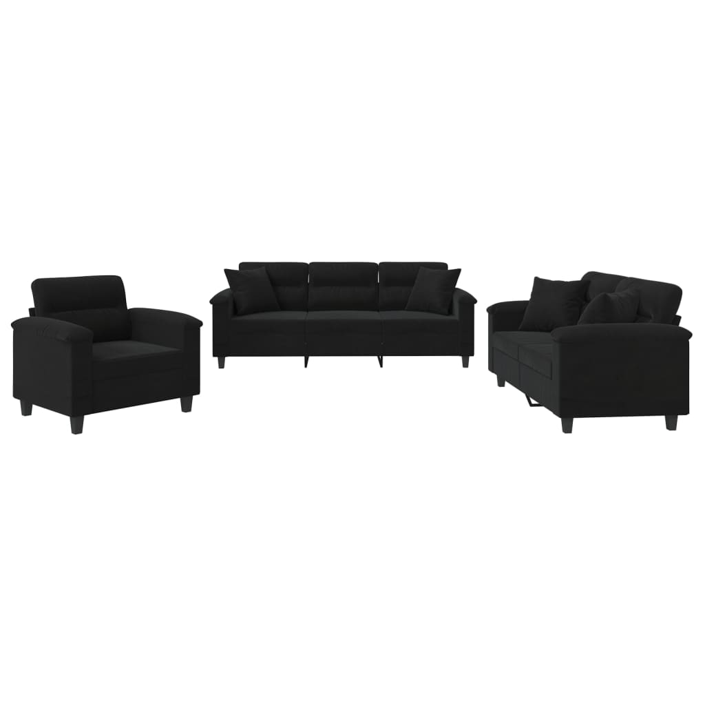 Ensemble de canapés 3 pcs avec coussins Noir Tissu microfibre