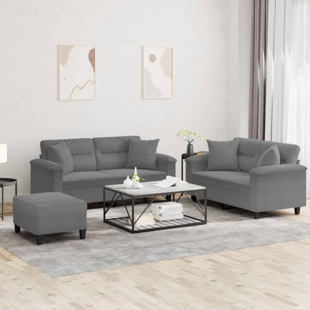 Ensemble de canapés 3 pcs coussins Gris foncé Tissu microfibre