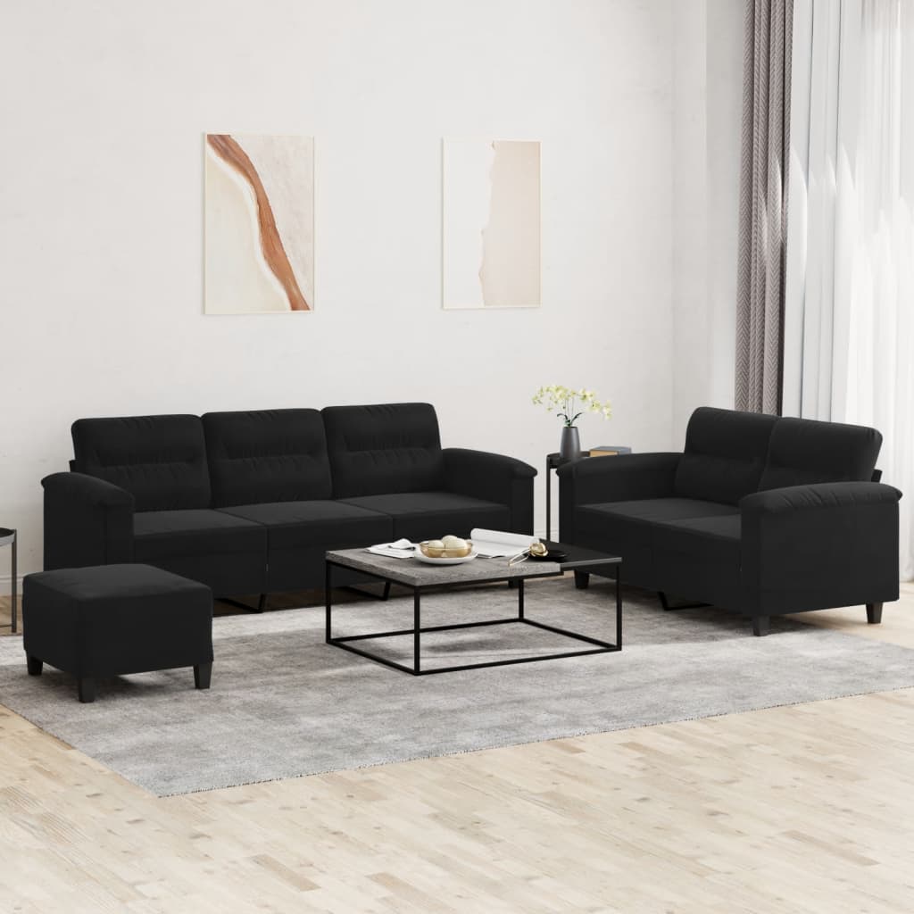 Ensemble de canapés 3 pcs avec coussins noir tissu microfibre