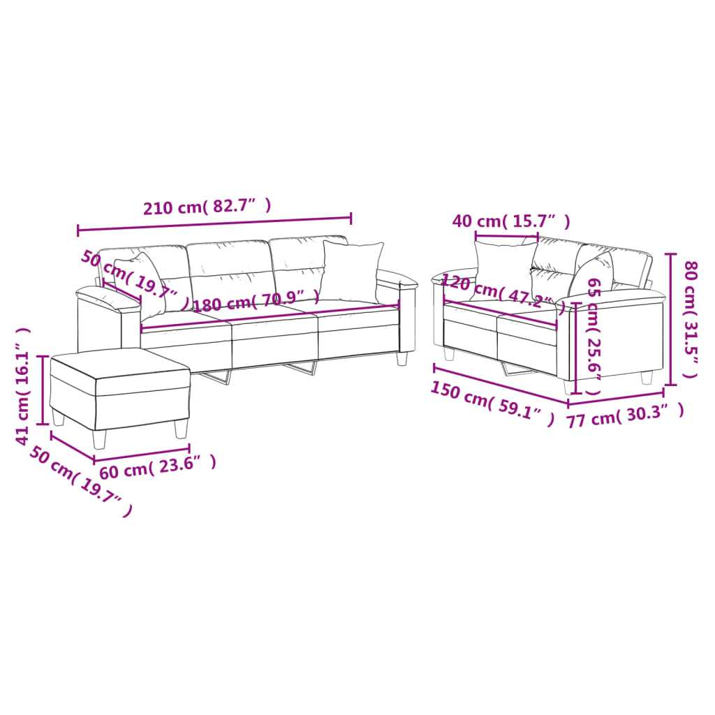 Ensemble de canapés 3 pcs avec coussins Noir Tissu microfibre