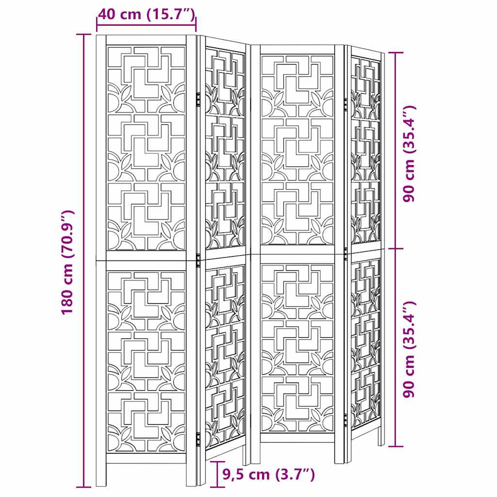 Cloison de séparation 4 panneaux marron bois paulownia massif - XIOS