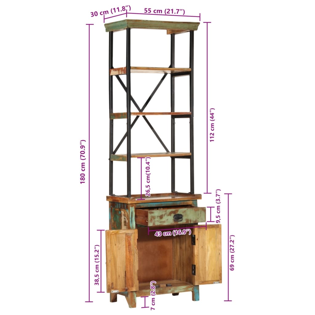 Buffet 55x30x180 cm bois de récupération massif - XIOS