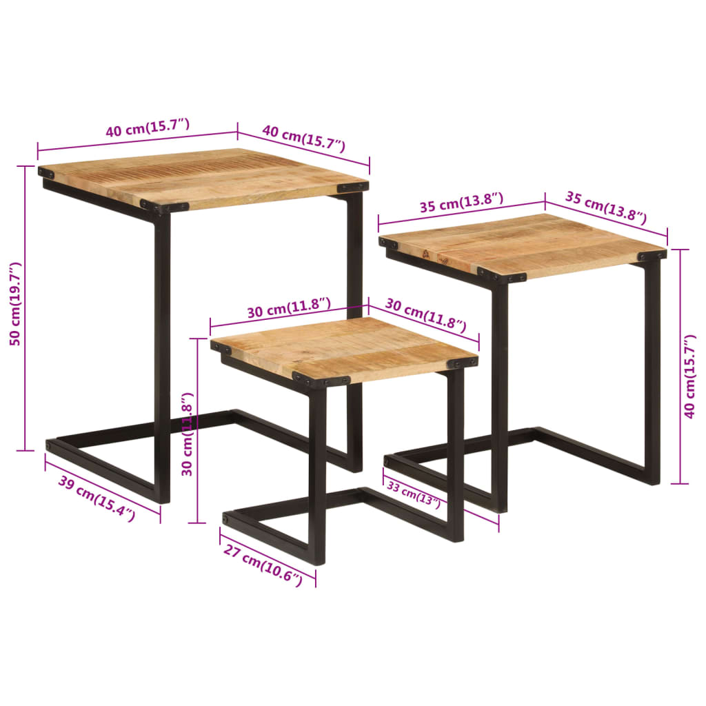 Tables basses gigognes 3 pcs bois massif de manguier et fer - XIOS