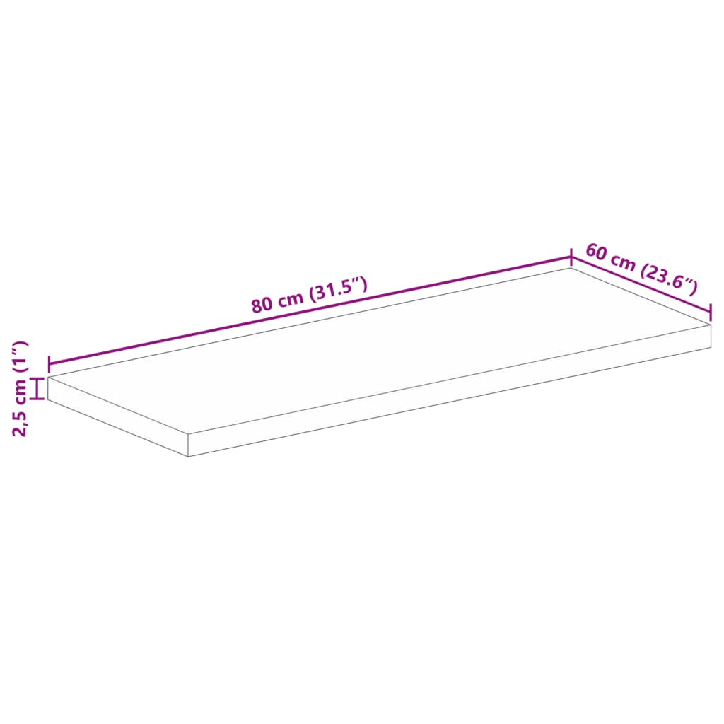 Dessus de table 80x60x2,5 cm rectangulaire bois massif manguier