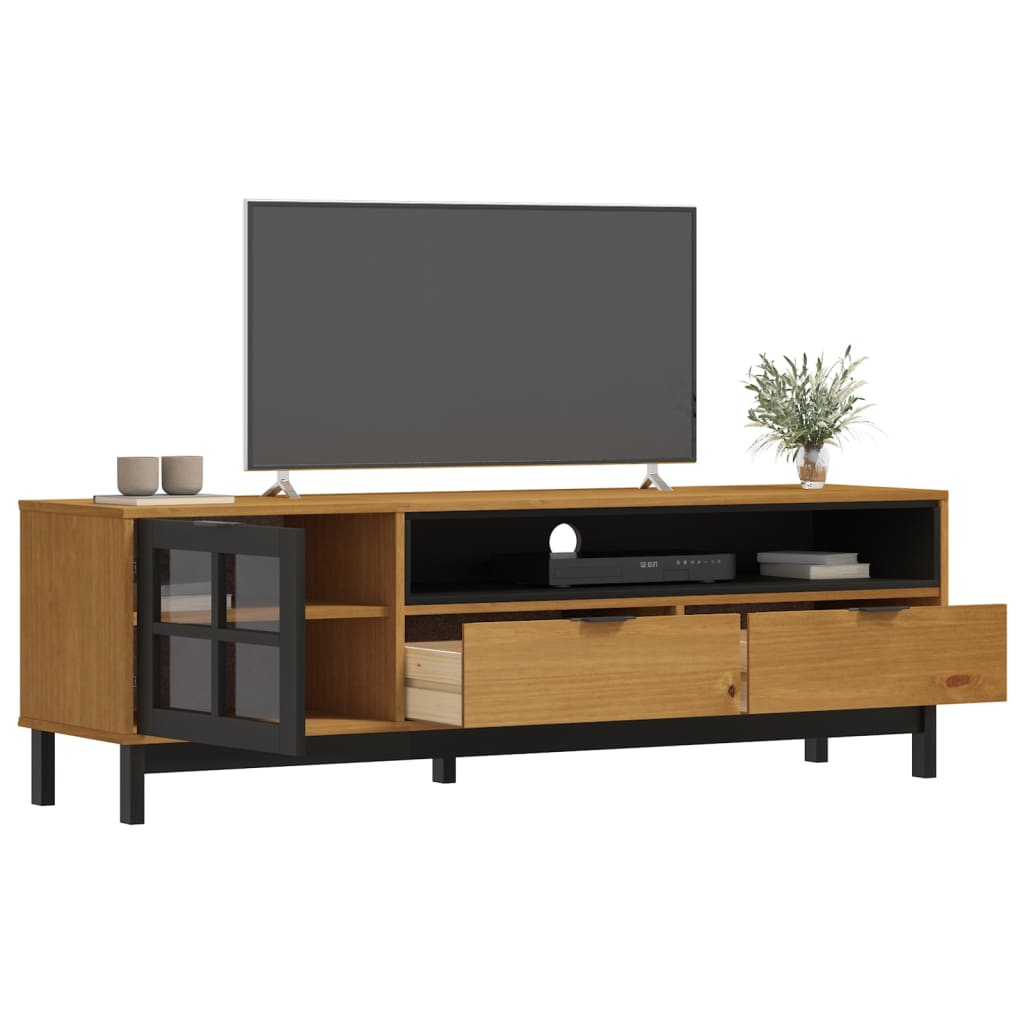 Meuble TV avec porte vitrée FLAM 158x40x50cm bois massif de pin - XIOS