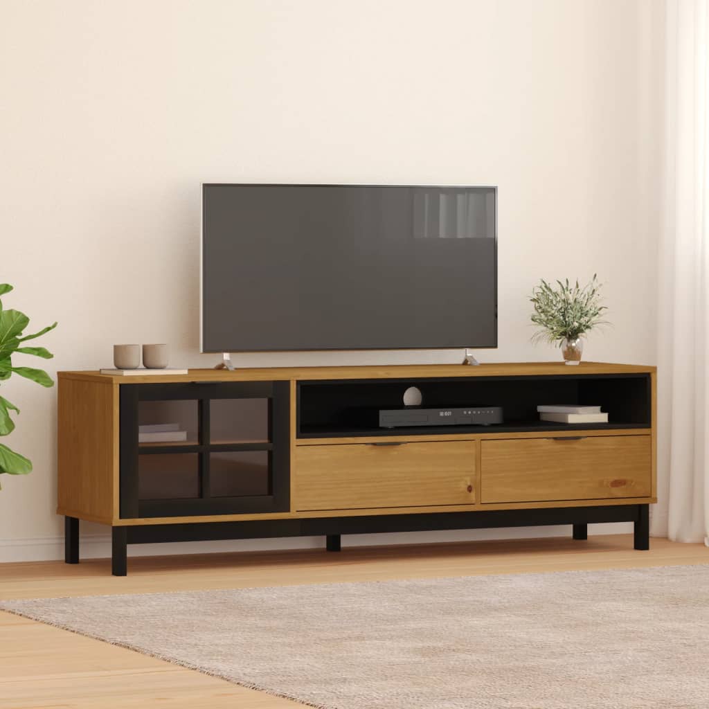 Meuble TV avec porte vitrée FLAM 158x40x50cm bois massif de pin - XIOS