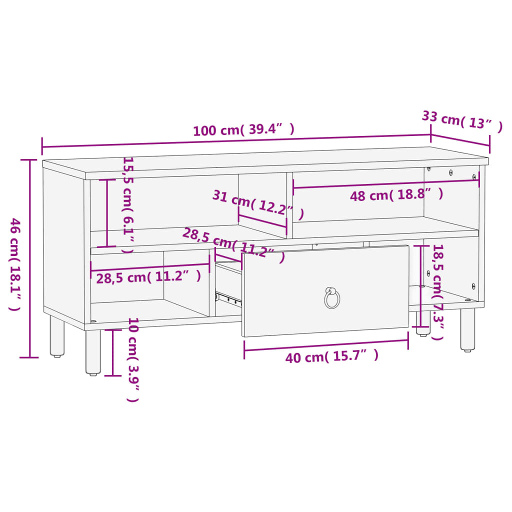 Meuble TV 100x33x46 cm bois massif de manguier - XIOS