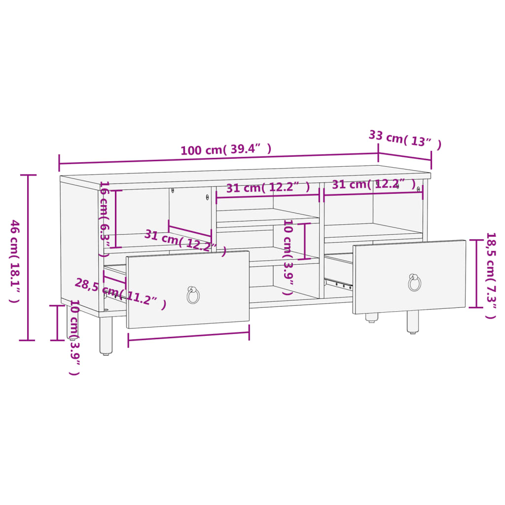 Meuble TV 100x33x46 cm bois massif de manguier - XIOS