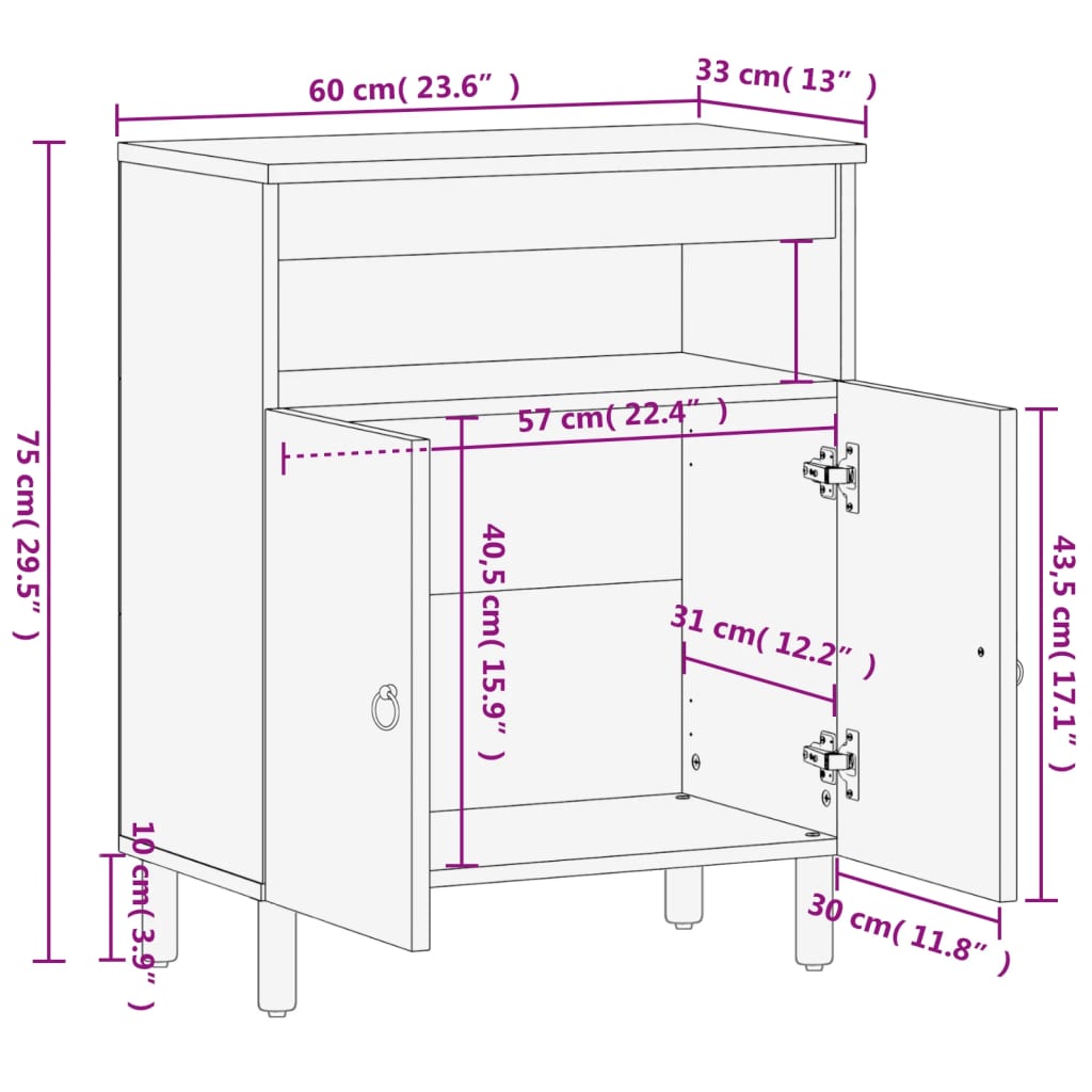 Armoire latérale 60x33x75 cm bois massif de manguier - XIOS